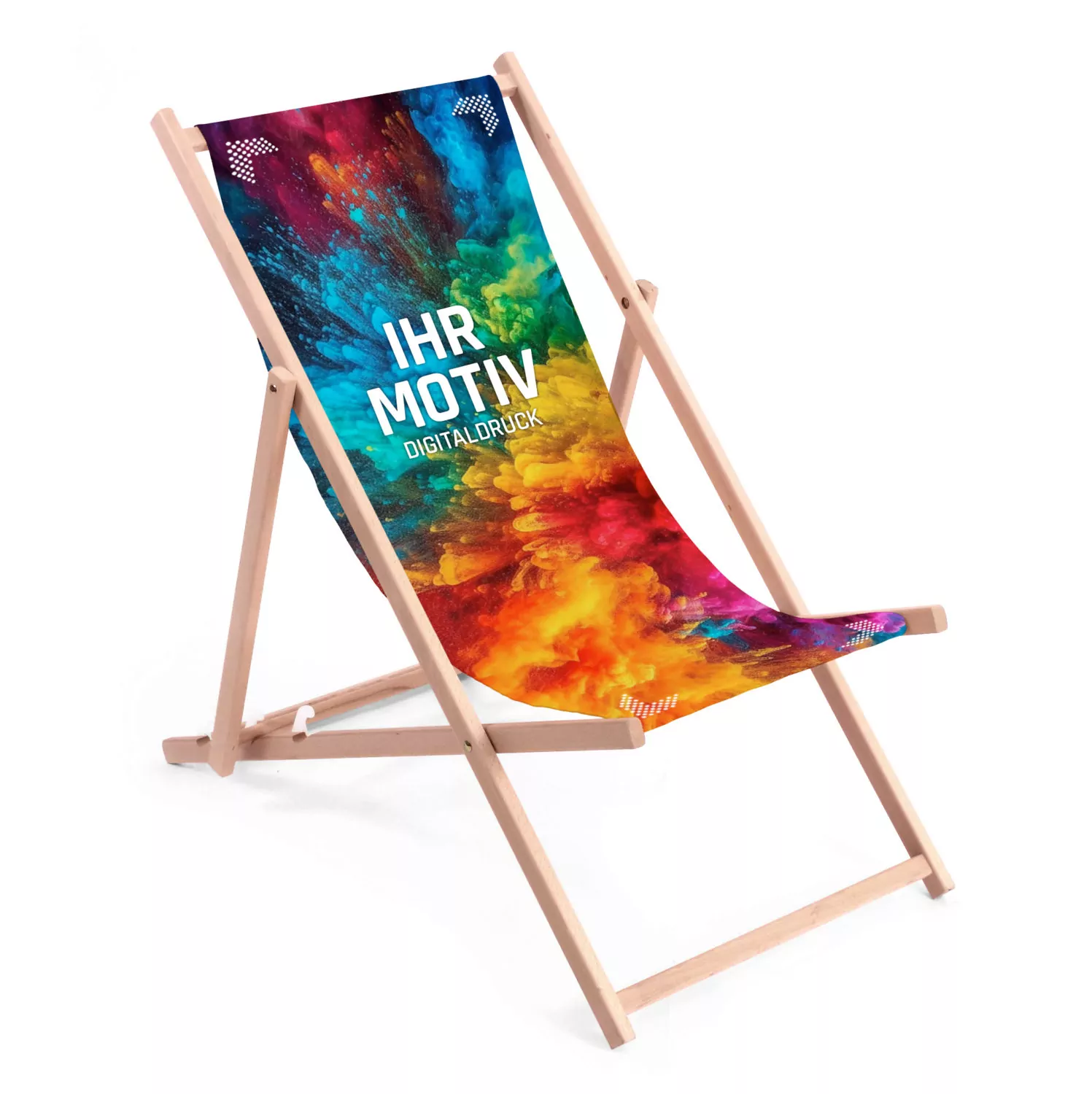 Holzliegestuhl mit farbenfroher Liegefläche und dem Aufdruck Ihr Motiv